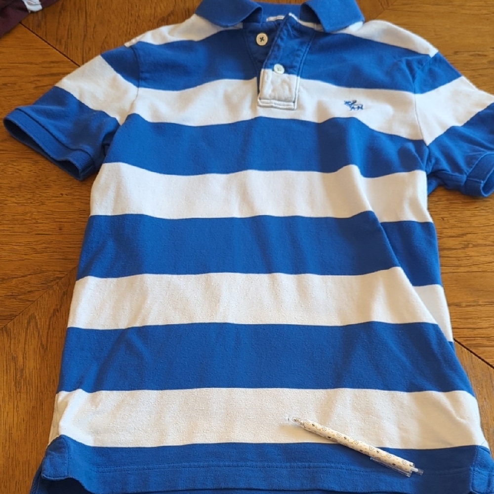 Y2K Abercrombie & Fitch Men's Blue and White Striped Polo - Picture 6 of 8